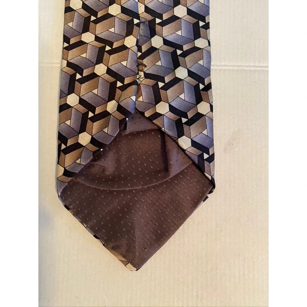 Carlo Palazzi Couture Silk Tie Brown Grey Geometric 3D Cube Pattern Mens USA